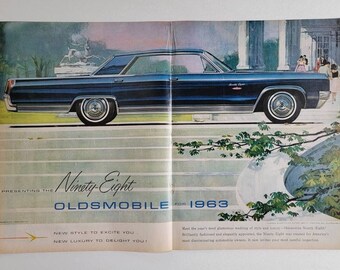 1963 Oldsmobile Ninety Eight Luxury Sedan Vintage Advertisement Olds 98 Automotive Wall Art Man Cave Decor Classic Car Magazine Ad Blue Car