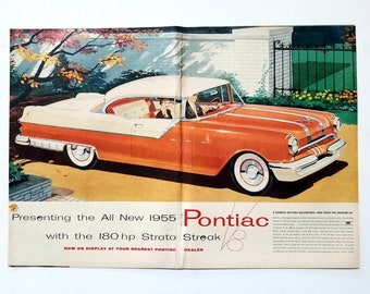 1955 Pontiac Vintage Advertisement Automotive Wall Art Man Cave Decor Classic Car Decor Original Magazine Print Ad Automobilia Unique Art