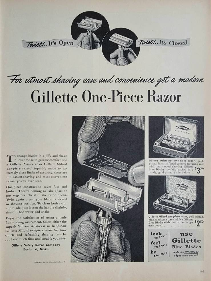 Old Razor Advert 1947 Gillette One-piece Razor Ad: Vintage Barber Shop Bathroom Wall Art ...