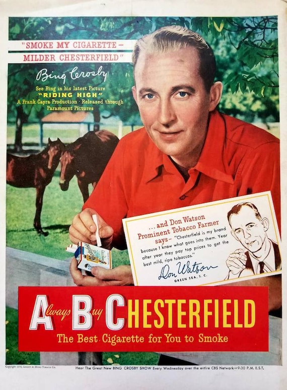 1949 Chesterfield Cigarettes Vintage Advertisement Bing Crosby Man Cave  Decor Bar Decor Original Magazine Ad Tobacciana Classic Hollywood
