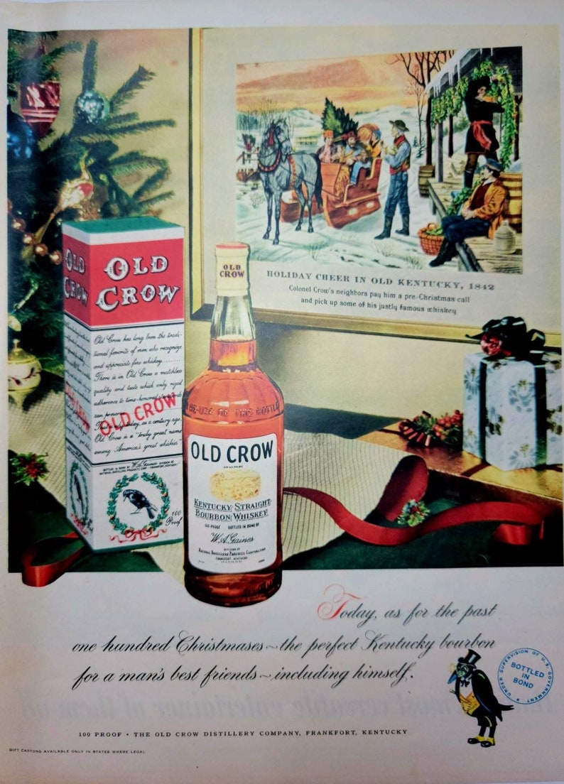 1951 Old Crow Kentucky Bourbon Whiskey Vintage Advertisement Bar Wall Art Man Cave Decor Game Room Art Magazine Ad 50s Holiday Decor image 1