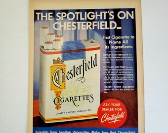 1950s cigarettes for sale 1952 Chesterfield Cigarettes Vintage Advertisement Bar Decor Game Room Wall  Art Man Cave Decor Magazine Ad Vintage Tobacco Ad Tobacciana