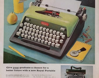 1959 Royal Portable Typewriter Ad: Vintage Office Decor Magazine Print Advertisement