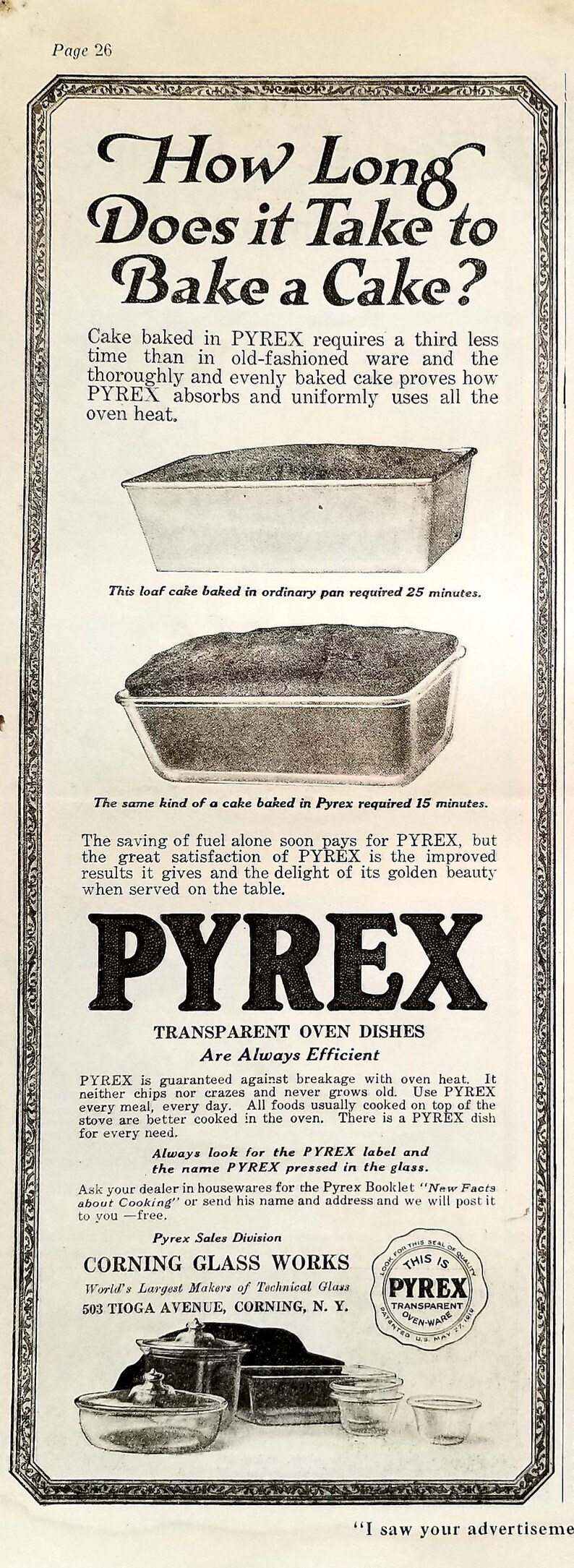 Pyrex Advertisement 1919 Pyrex Ad: Vintage Kitchen Wall Art, Transparent Oven Dish Magazine ...