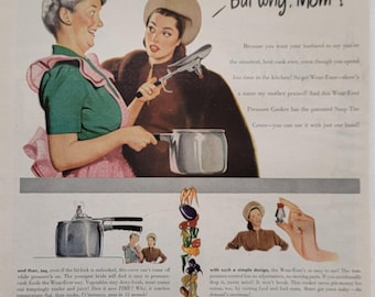 Publicité pour autocuiseur en aluminium Wear-Ever de 1947 : art mural de cuisine vintage, décoration d'intérieur, publicité imprimée