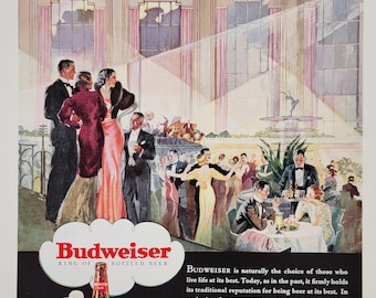 1934 Budweiser Beer Ad: Vintage Bar Man Cave Wall Art, Art Deco Bar Decor