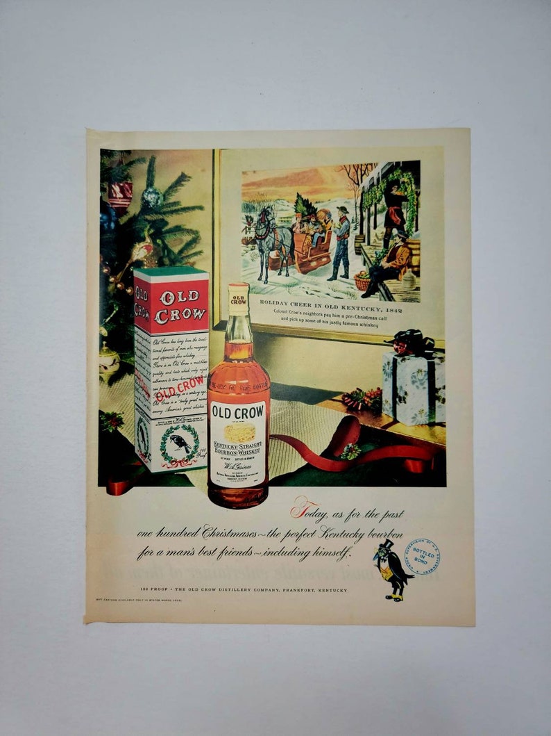 1951 Old Crow Kentucky Bourbon Whiskey Vintage Advertisement Bar Wall Art Man Cave Decor Game Room Art Magazine Ad 50s Holiday Decor image 2