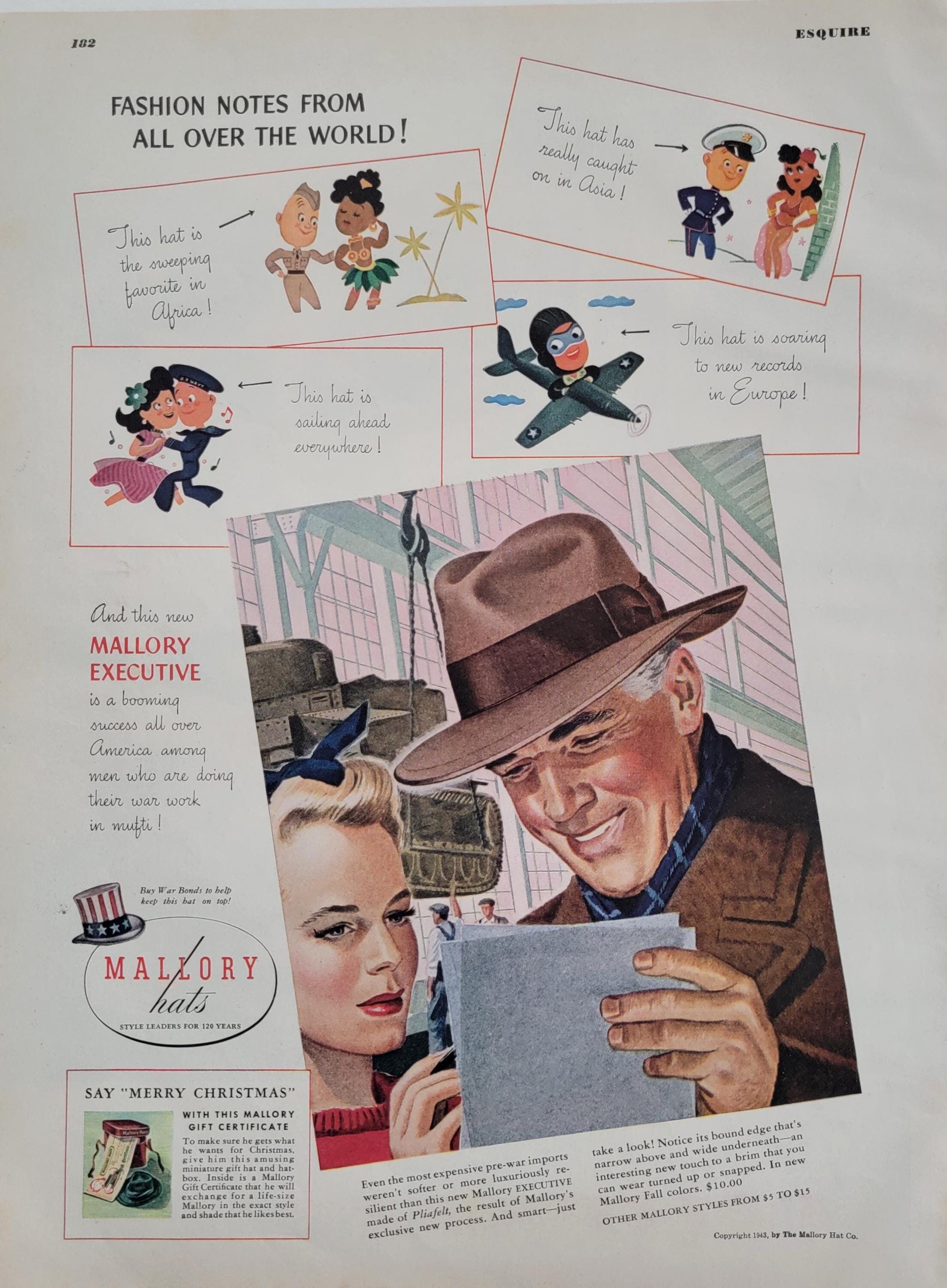 1943 Mallory Hats Vintage Advertisement Bedroom Decor Mens Fashion Print  Man Cave Decor Mens Store Art Original Magazine Print Ad Unique Art, image size:2207x3000