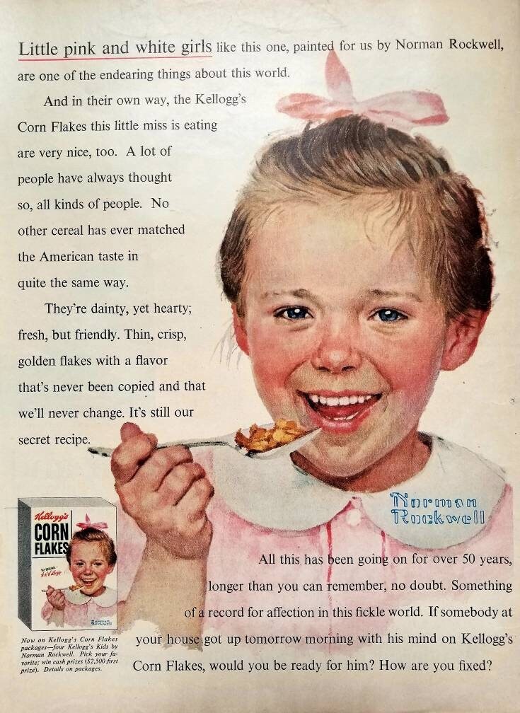 1954 Kellogg's Corn Flakes Cereal Ad: Vintage Kitchen Decor