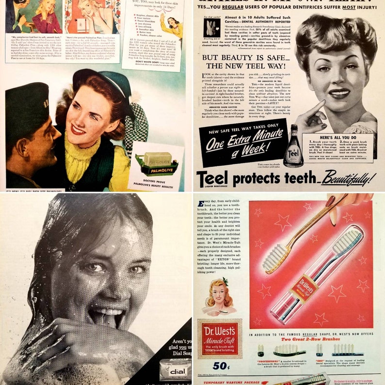 May include: A vintage magazine advertisement for Teel toothpaste. The ad features a woman with a bright smile and a bottle of Teel. The text reads "Teel protects teeth. Beautifully!" and "New Safe Teel Way Takes Only One Extra Minute a Week!"