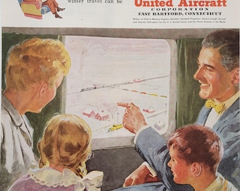 Anúncio da United Aircraft Corporation de 1950: Arte de parede vintage com tema de aeroporto e aviões, presente para pilotos, impressão de aviação.