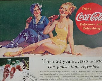1936 Coca-Cola Ad: Vintage Kitchen Decor, Retro Diner Wall Art, Coke Magazine Print Advertisement