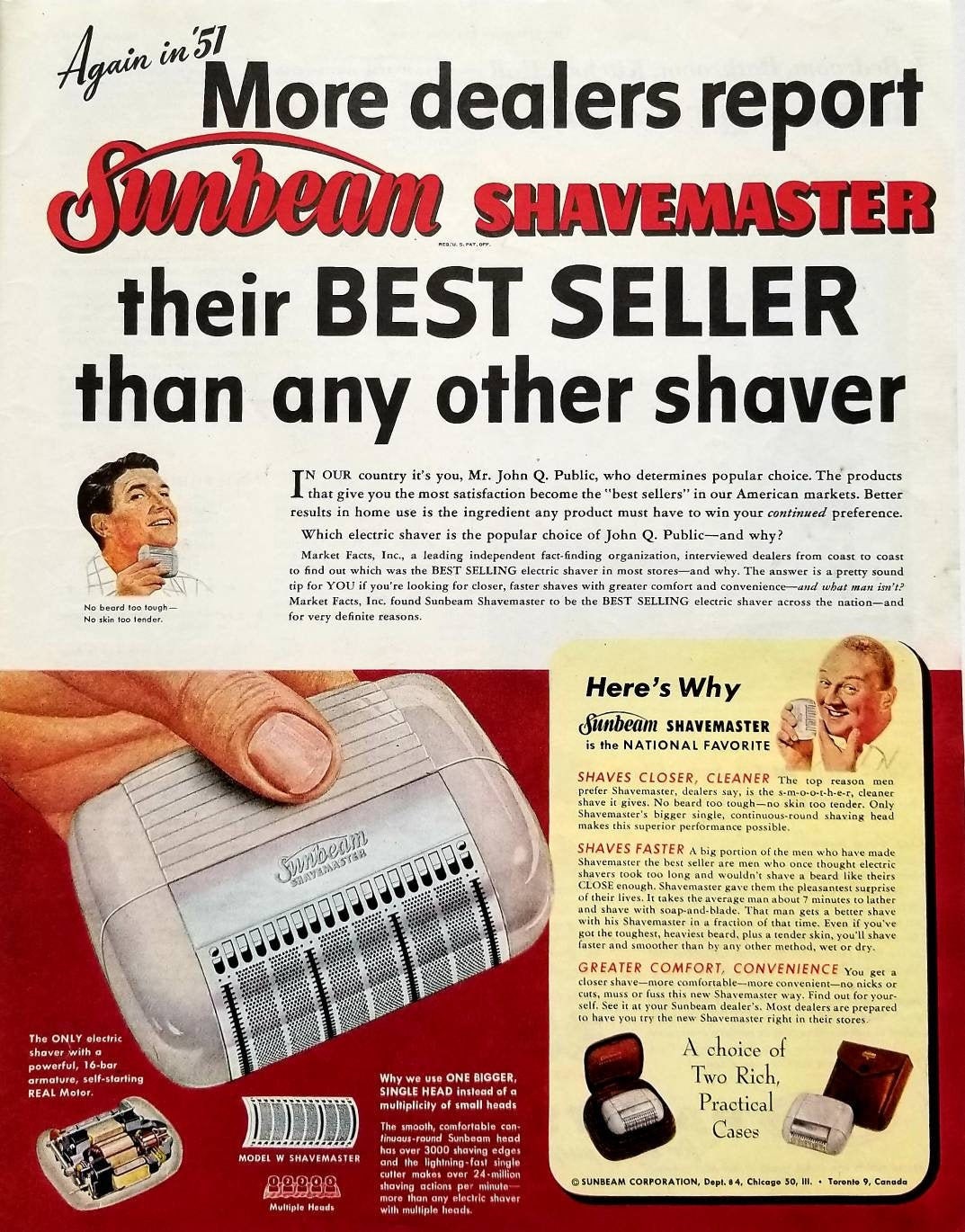 1951 Sunbeam Shavemaster Razor Vintage Advertisement Bathroom Wall Art Barber Shop Decor Original Magazine Ad Unique Art Mens Bathroom Decor