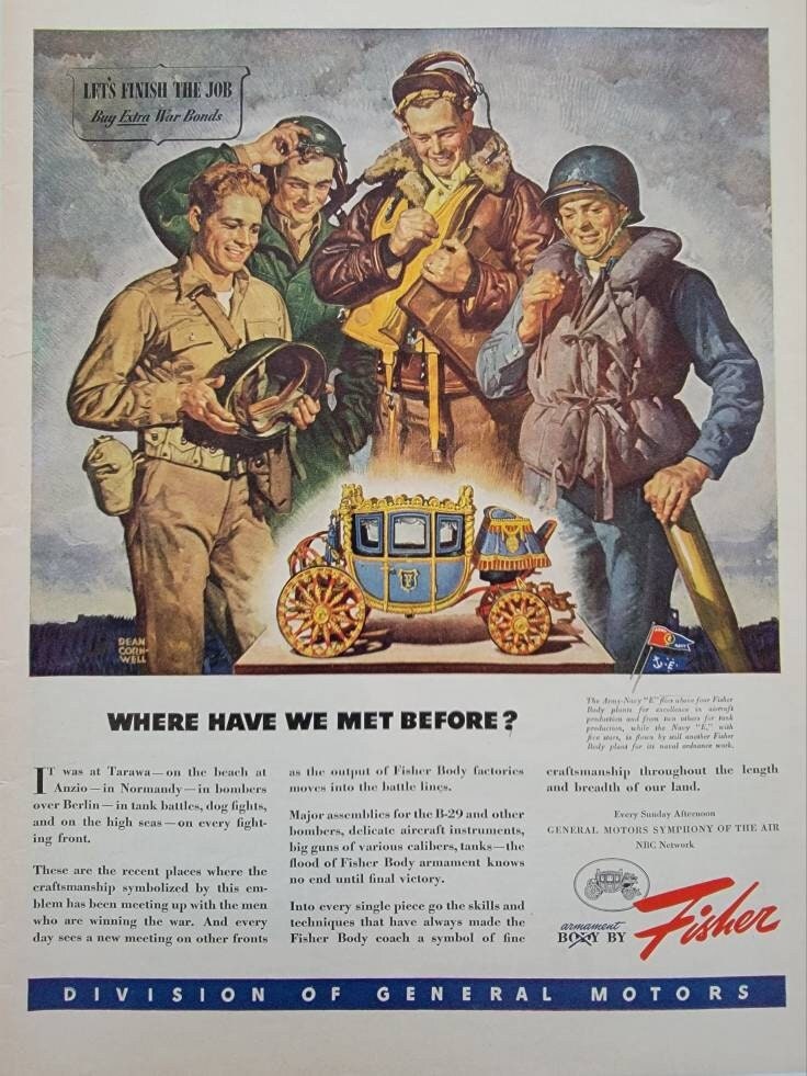 1945 GM Fisher WWII Vintage Advertisement Armament by Fisher Dean Cornwell Military Decor WW2 Art World War Two Magazine Ad Militaria