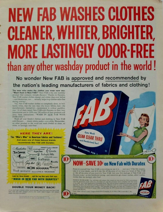 1958 Fab Laundry Detergent Vintage Advertisement Laundry Room Etsy