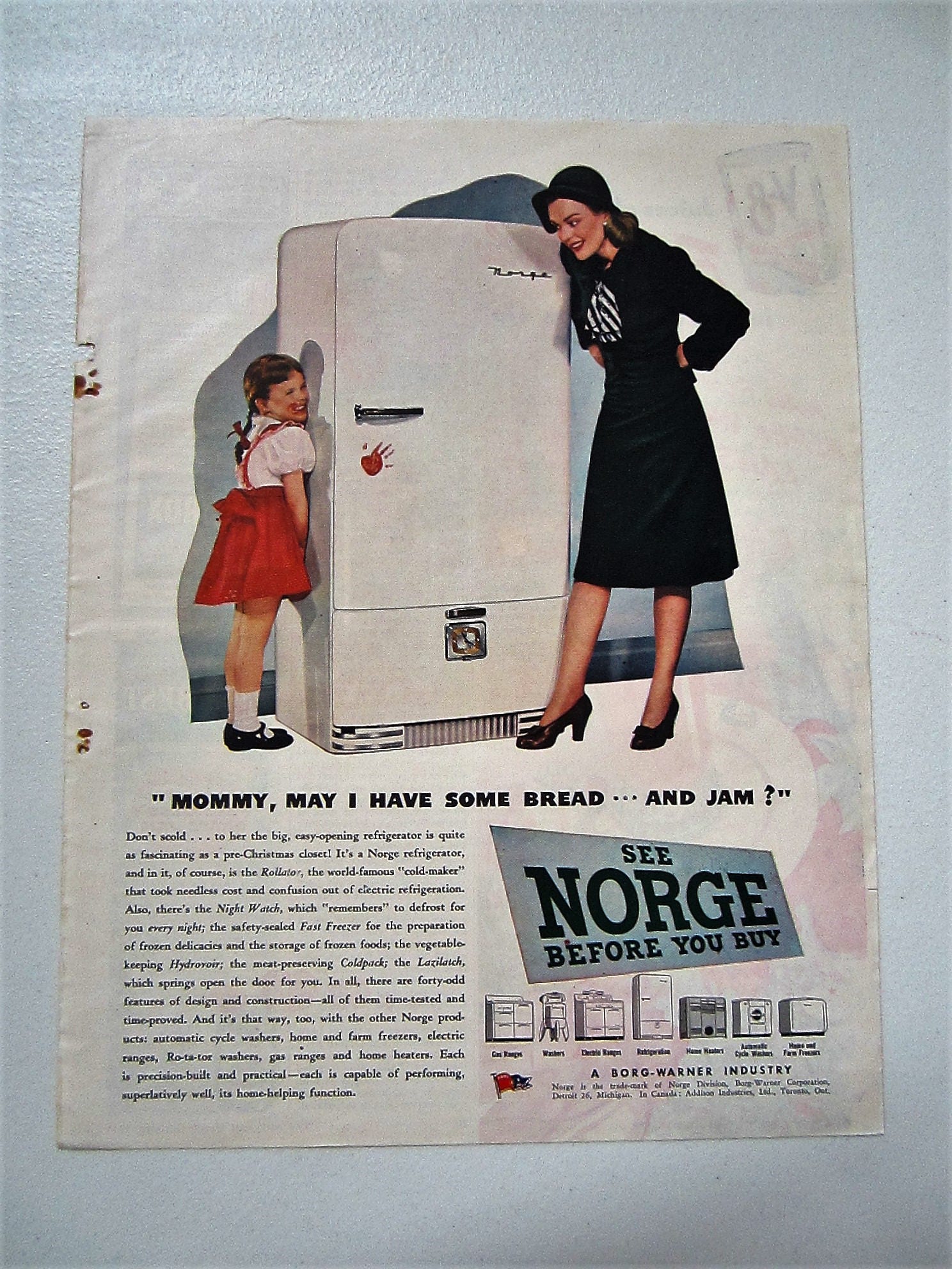 1945 Norge Refrigerator Ad: Vintage Kitchen Appliance Wall Art
