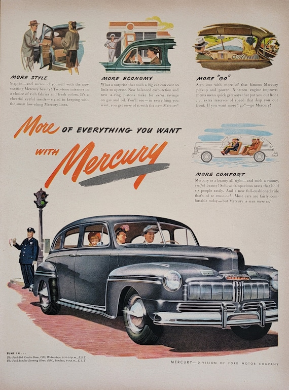 1946 Mercury Car Ad: Vintage Automotive Wall Art, Man Cave Decor, Magazine Print Advertisement