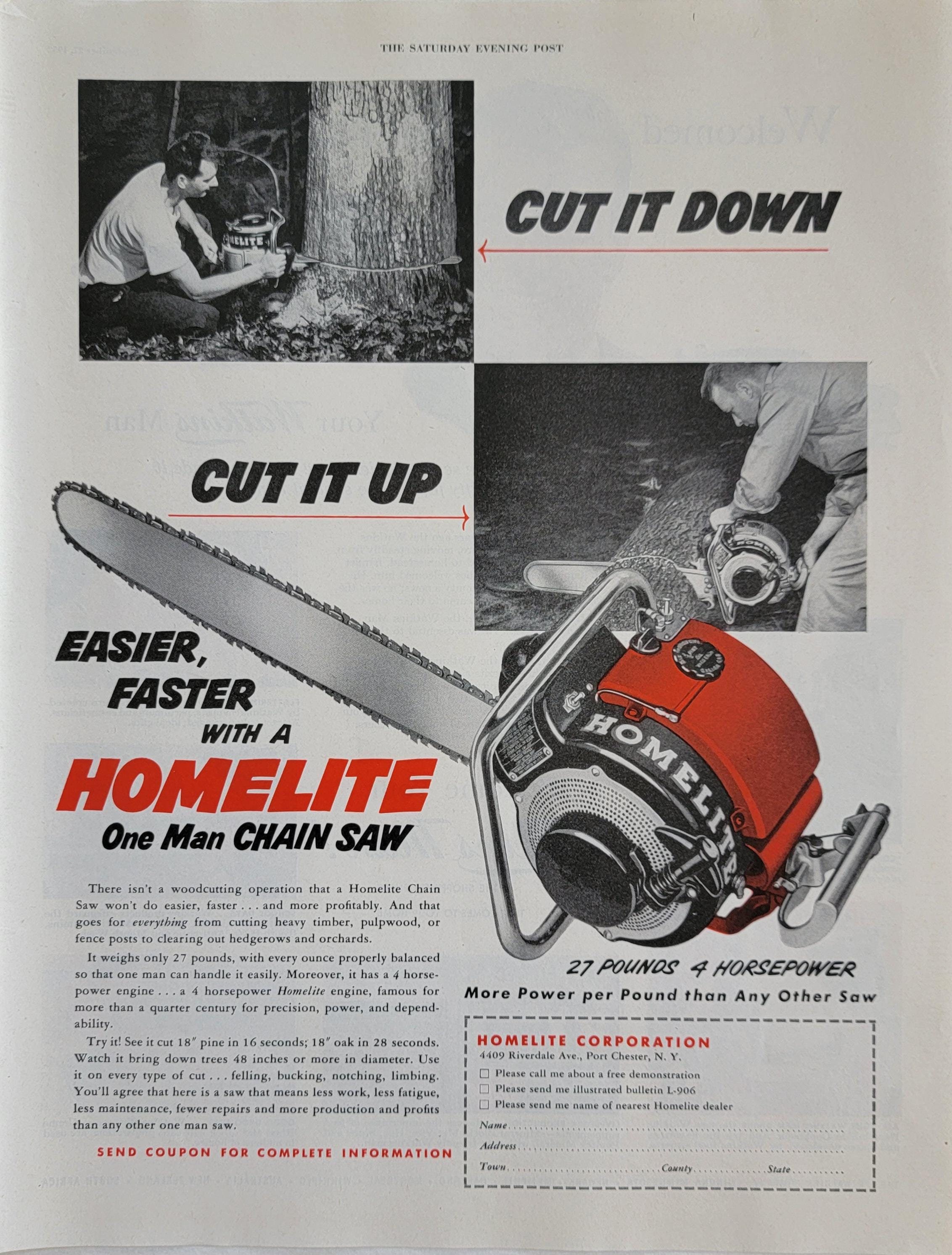 1952 Homelite Chain Saw Ad: Vintage Garage, Man Cave Decor