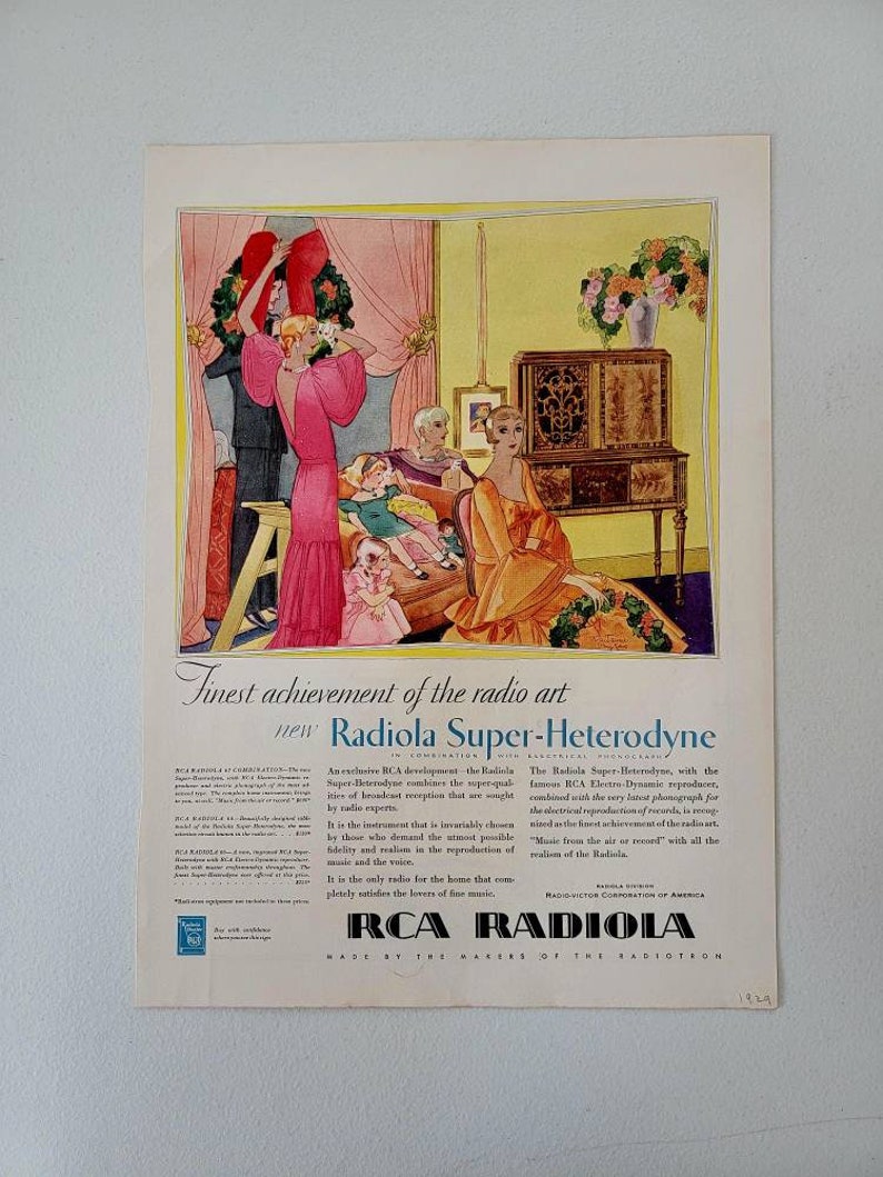 1929 RCA Radiola Super-Heterodyne Radio Vintage Advertisement Music Room Wall Art Music Decor Art Deco Decor Magazine Ad Antique Radio Ad image 2