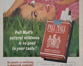 Anuncio de cigarrillos Pall Mall de 1964: Arte vintage para la decoración de salas de juegos y bares, anuncio impreso en revista.