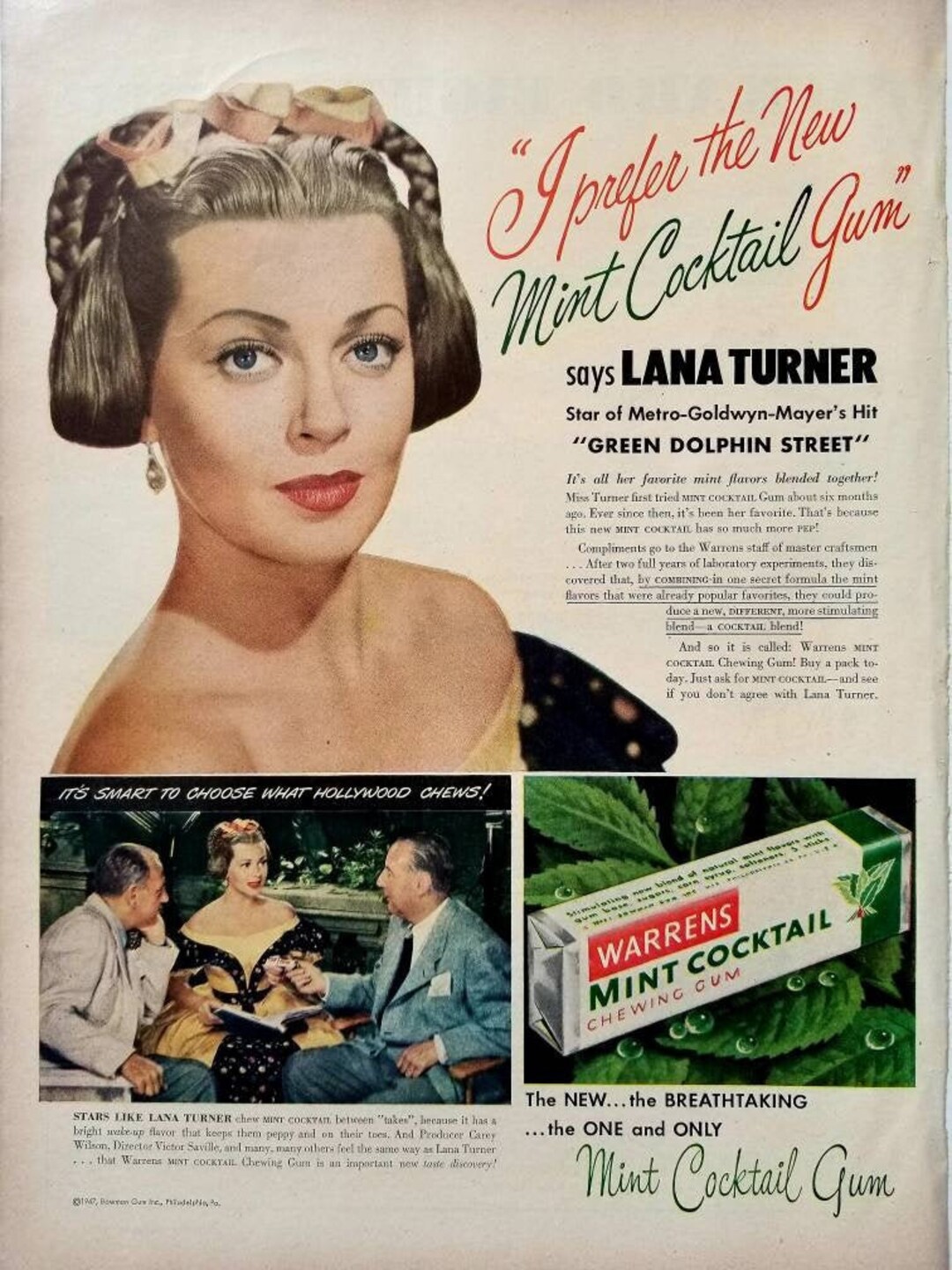 1947 Lana Turner Warrens Mint Cocktail Gum Ad: Vintage Wall Art ...