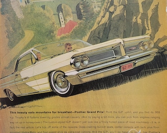 1962 Pontiac Grand Prix Car Ad: Vintage Garage Decor, Automotive Magazine Print Advertisement, Automobilia