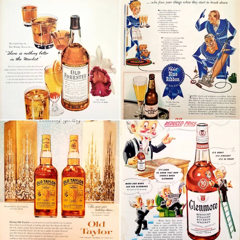 May include: A vintage advertisement for Old Forester, Old Taylor, and Glenmore Kentucky Straight Bourbon Whiskey. The ad features images of the bottles, along with text highlighting the quality and taste of each brand. The ad also includes a quote from the label of Old Forester: "There is nothing better in the Market."
