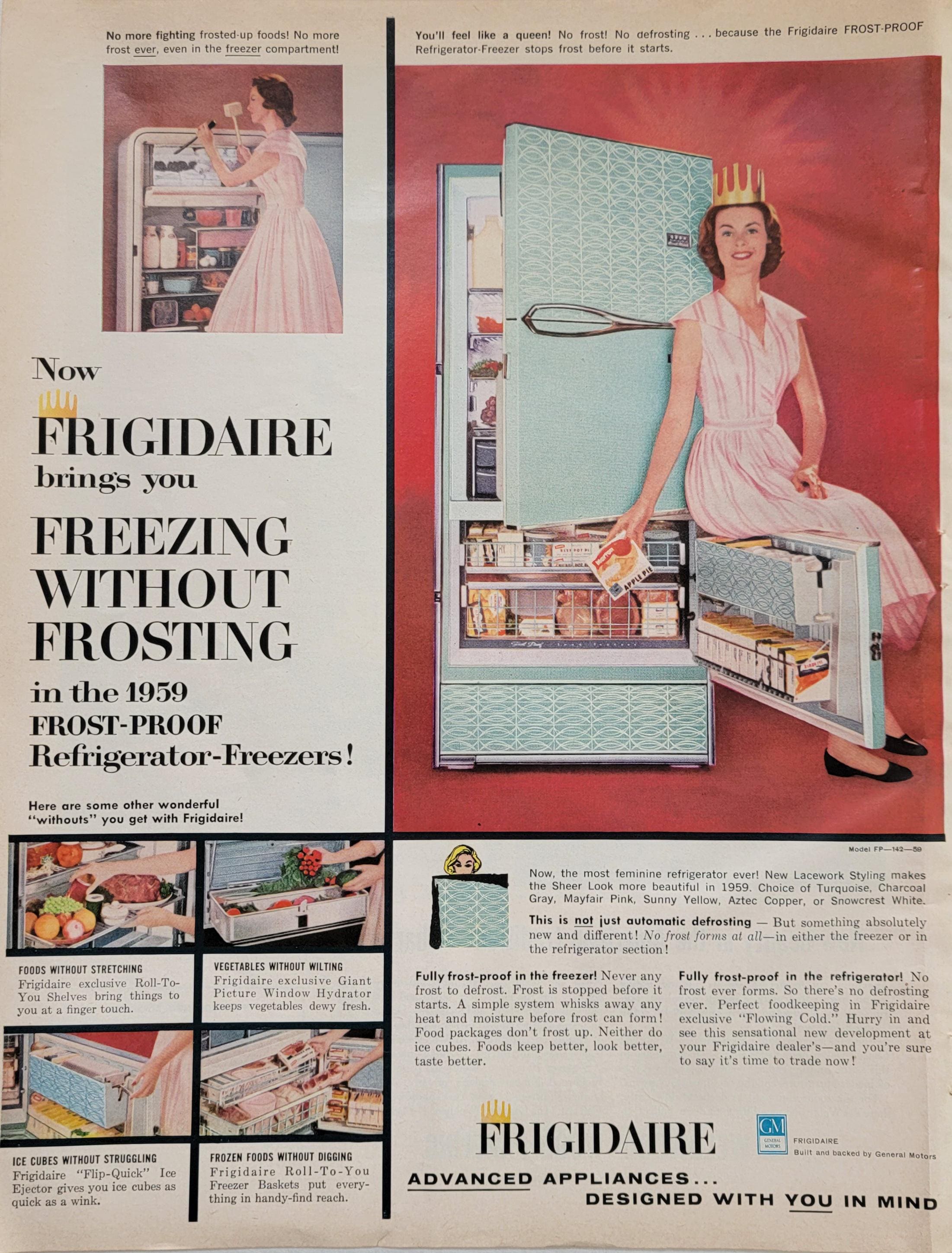 1959 Frigidaire Refrigerator Ad: Vintage Kitchen Wall Art, Retro