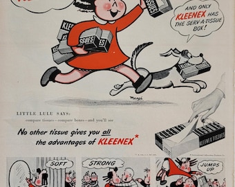 Pubblicità dei fazzoletti Kleenex del 1948: Little Lulu, annuncio pubblicitario vintage su rivista di arredamento per il bagno.