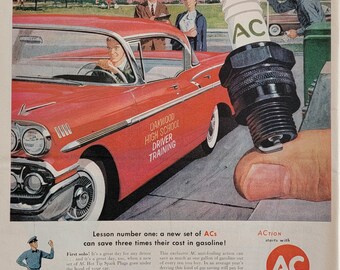 1957 AC Spark Plugs Vintage Advertisement Automotive Wall Art Garage Decor Man Cave Decor Magazine Print Ad Mechanic Gift Automobilia