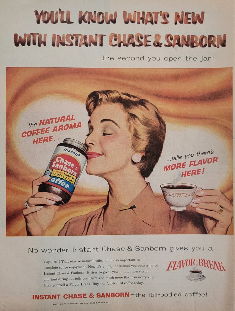 1957 Chase and Sanborn Instant Coffee Vintage Advertisement Kitchen Wall Art Diner Cafe Decor Coffee Decor Magazine Print Ad Coffee Shop Art image 1