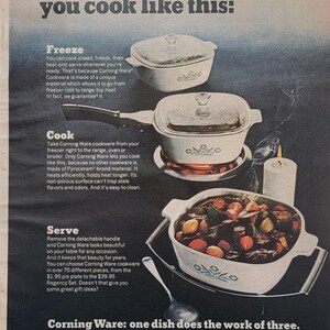 1969 Corning Ware Ad: Vintage Kitchen Wall Art, Retro Cooking Decor, Magazine Print Advertisement