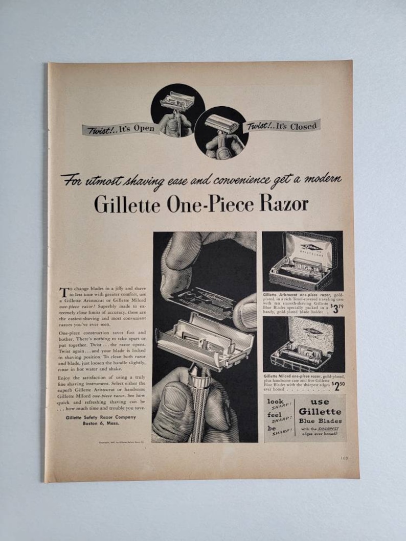Gillete Text 1947 Gillette One-piece Razor Ad: Vintage Barber Shop Bathroom Wall Art ...