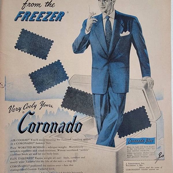 1950 Coronado Suits Vintage Advertisement Mens Clothing Store Decor Mens Fashion Ad 40s 50s Style Tailor Gift Magazine Ad Unique Art