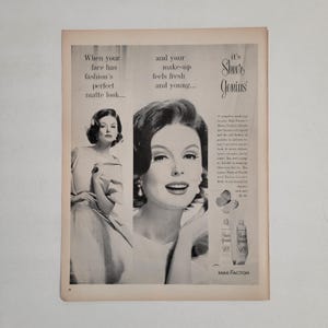 May include: Vintage advertisement for Max Factor's Sheer Genius makeup. The ad features two black and white images of a woman with flawless makeup. Text includes "When your face has fashion's perfect matte look..." and "Sheer Genius."