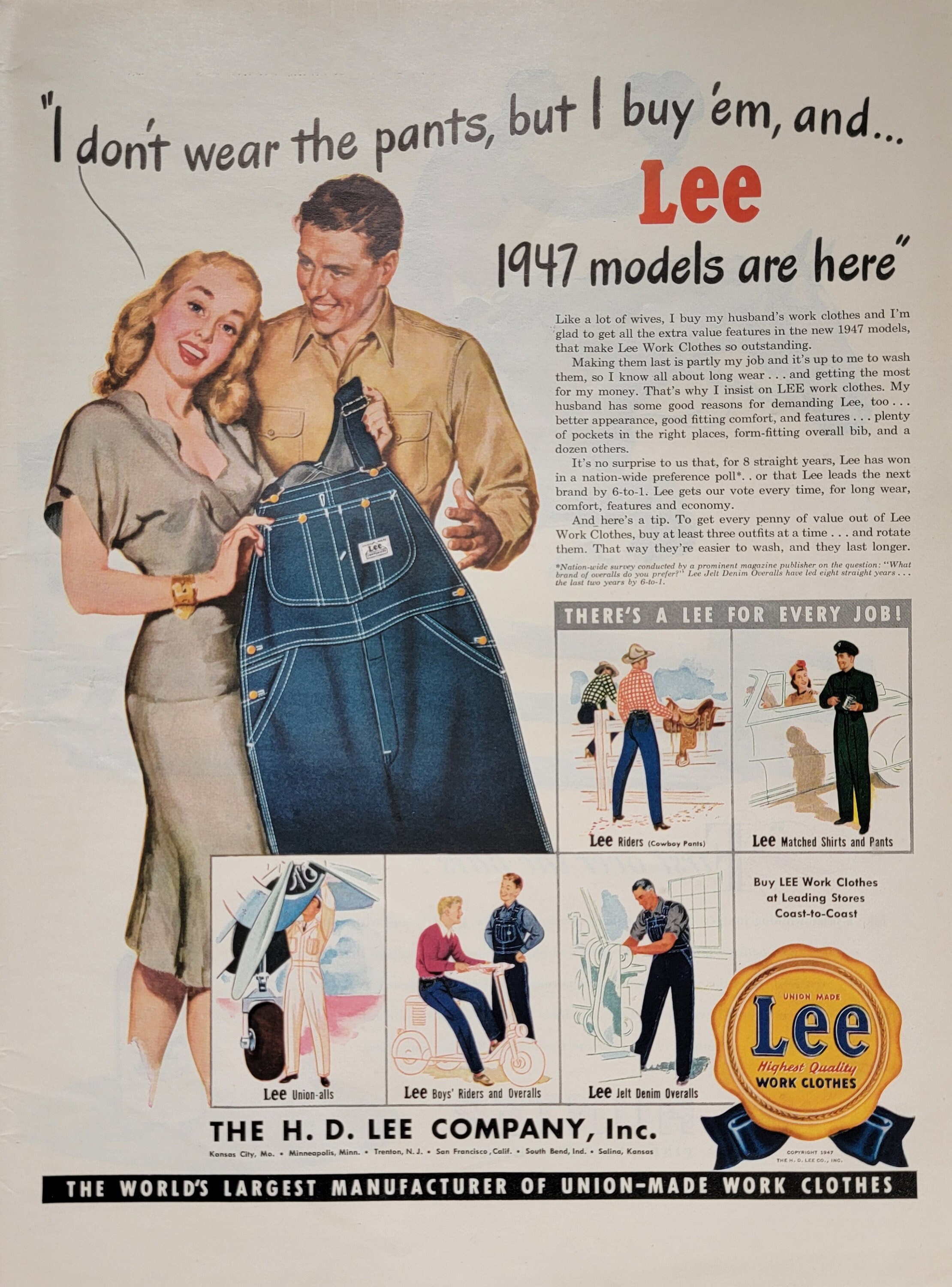 1947年 Lee オーバーオールとジーンズの広告：ヴィンテージ メンズ