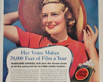 Anúncio de cigarros Lucky Strike de 1937: Decoração vintage para caverna masculina com temática de tabaco, Madeleine Carroll, artigos sobre tabaco