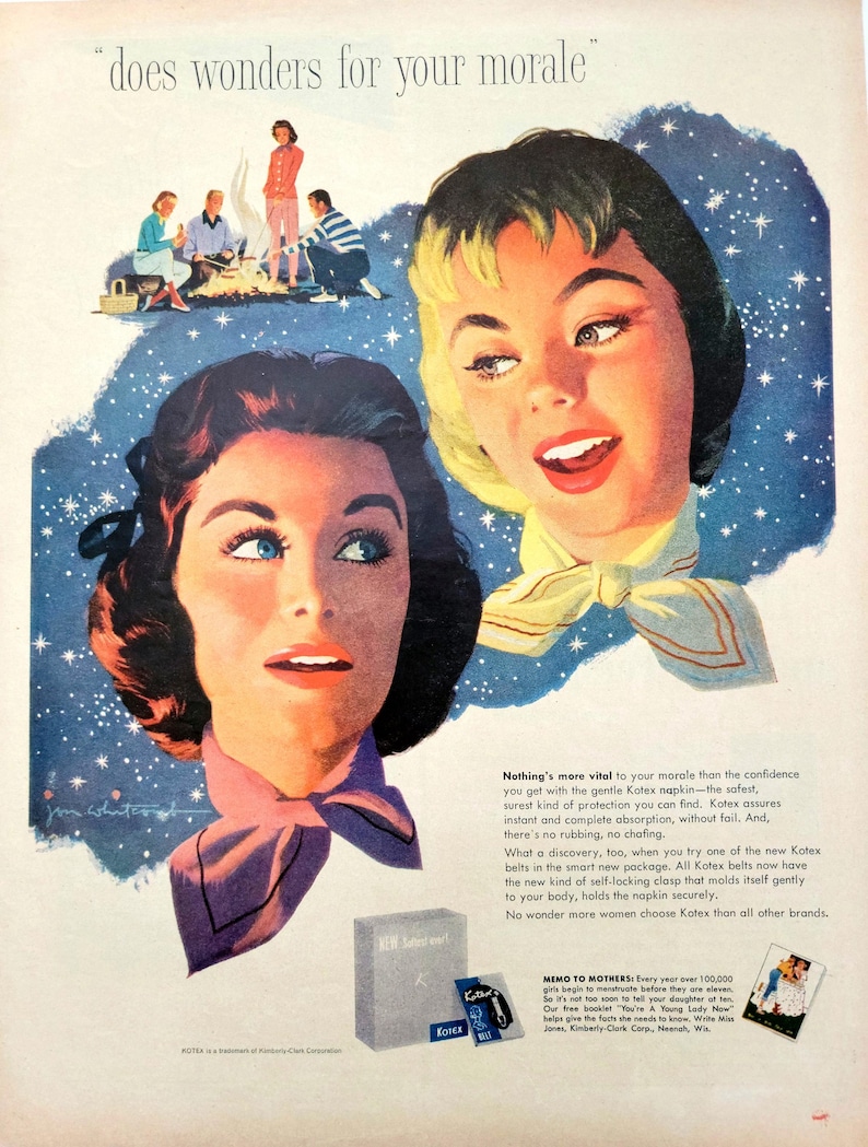 May include: Vintage advertisement featuring two women with surprised expressions, set against a starry blue background. The ad promotes Kotex napkins, with a small illustration of people around a campfire. A package of Kotex is visible.