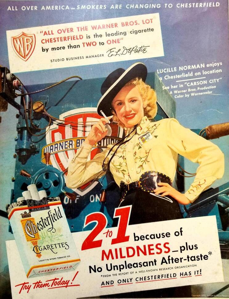 lucille ball chesterfield cigarette ad In 1931, while Lucy was living in NYC and working as a model, artist Walter Ratterman painted 2 portraits of her in a blue chiffon gown. He later sold these paintings to Lucille Ball and Desi Arnaz