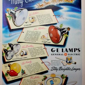 1949 GE Lamps Christmas Lights Vintage Advertisement Christmas Wall Art Holiday Decor 1940s 1950s Christmas Decoration Magazine Ad Santa