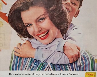 Reklama farby do włosów Miss Clairol z 1961 r.: wystrój łazienki w stylu vintage, prezent dla fryzjera