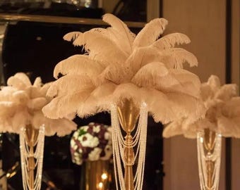 21" (55cm) Gold Trumpet White Ostrich Feather Centerpiece With Beads | Wedding Table Decor | Luxury Reception Centerpiece
