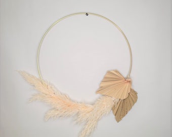 Ivory Pampas and Natural Palm Spade Hoop Wreath/Gold Hoop Wreath/Pampas Wreath/Anahaw/Wreath/Home Decor/Bedroom Decor/Pampas Decor/Pampas