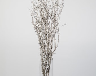 May include: A bunch of silver-painted twigs in a clear glass vase. The vase is on a dark brown surface. The twigs are tied together with a brown ribbon.