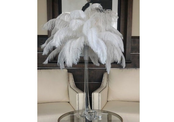 White ostrich feather centerpiece with martini vase & hanging