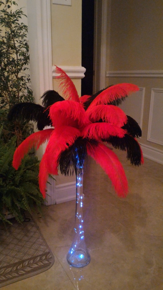 Casino Style Red and Black Ostrich Feather Centerpiece With Fairy