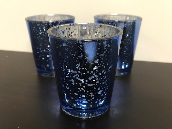 Set Of 12 Mercury Glass Royal Blue Speckled Glass Candle Etsy