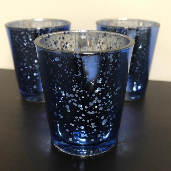 Set of 12 MERCURY GLASS ROYAL blue Speckled Glass Candle Holders Votive Holder Led Candleholder Tea Light Wedding 2.5 Winter Christmas