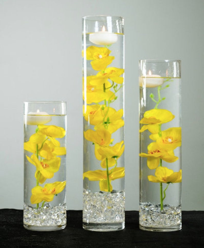 Submersible Blue/Purple/Pink/White/White with purple/Yellow Orchids Floral Wedding Centerpiece with Floating Candles and Acrylic Crystal Kit Yellow