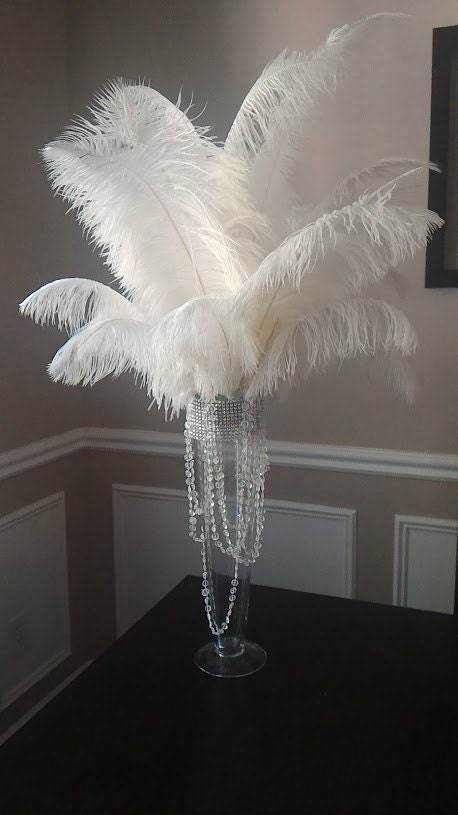 White Ostrich Feather Centerpiece 20 Trumpet Vase/with Crystal